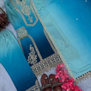 Women's Chinon Silk Embroidery Straight Pakistani Salwar Suit and Dupatta