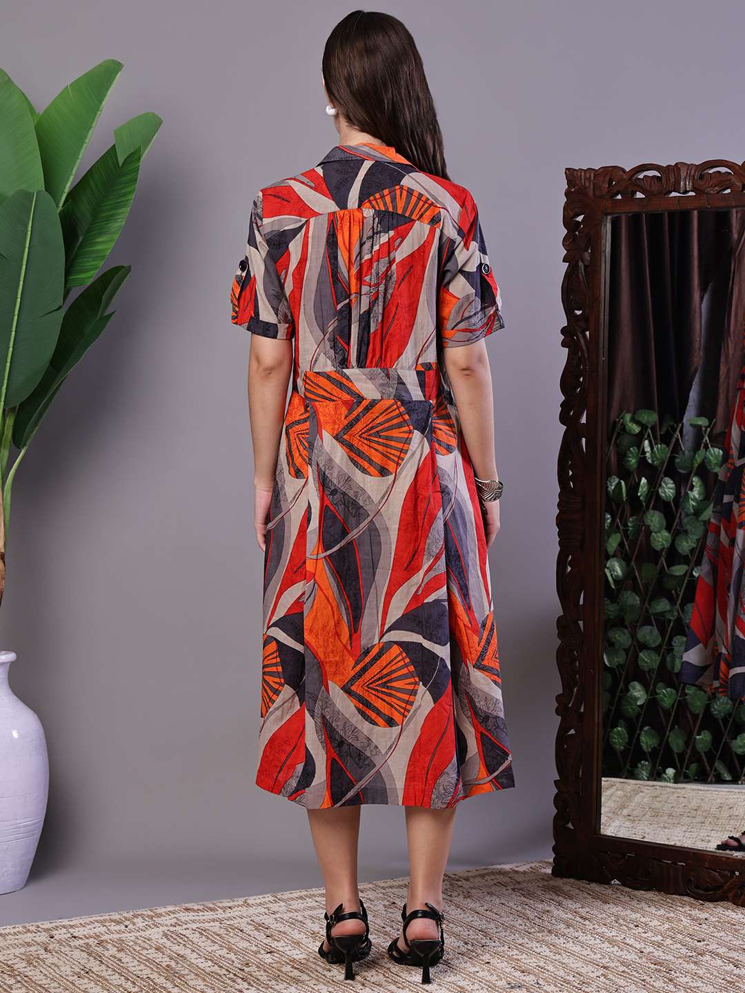 Women's Leaf Print Button-Down Cotton Midi Dress - Image 2
