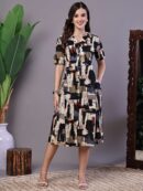 Women's Beige & Black Abstract Print Cotton Shirt Dress Midi Dresses