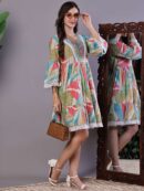 Wome's Multicolor Printed Cotton A-Line Dress with Embroidered Yoke Midi Dresses